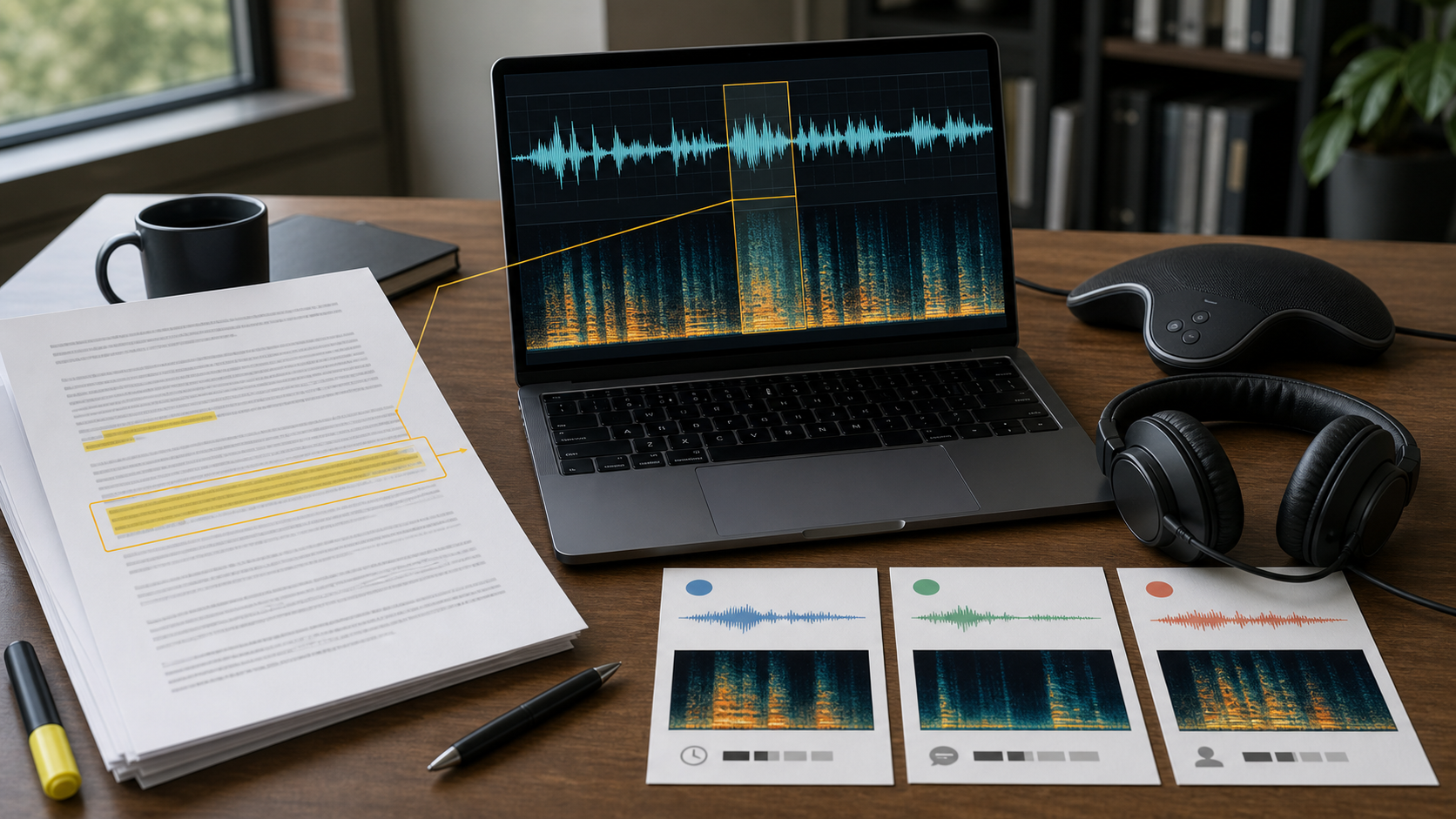 A research desk with an earnings-call transcript aligned to an audio waveform and spectrogram