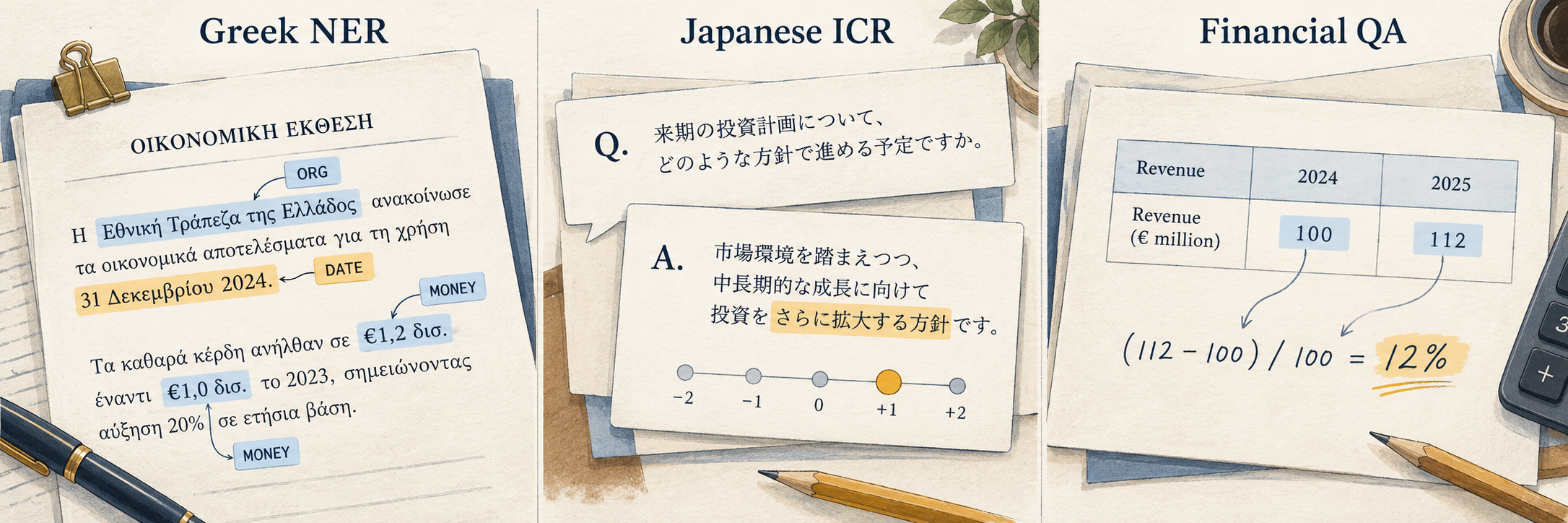Three illustrated FinEval tasks: entity highlights in a Greek report, commitment classification in Japanese management Q&A, and a revenue growth calculation from a financial table.