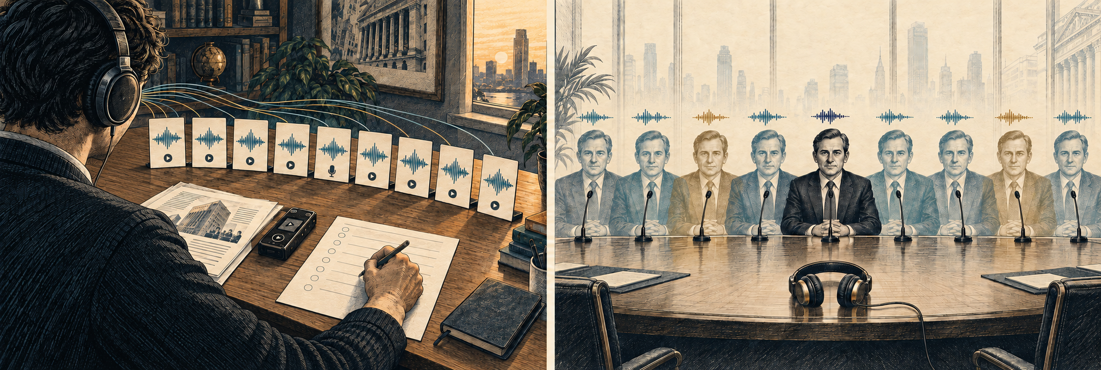 Side-by-side illustrations of a researcher ranking nine recordings through headphones and an executive seated alongside eight voice-cloned doubles